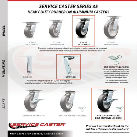 Service Caster 6 Inch Rubber on Aluminum Caster Set with Ball Bearings and Brakes/Swivel Locks SCC-35S620-RAB-SLB-BSL-4